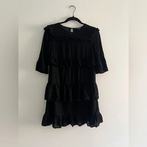 Madewell Black Eyelet Lace Dress Ruffle Tiered Mini Size 0 XXS Boho Cottagecore - Picture 1 of 6